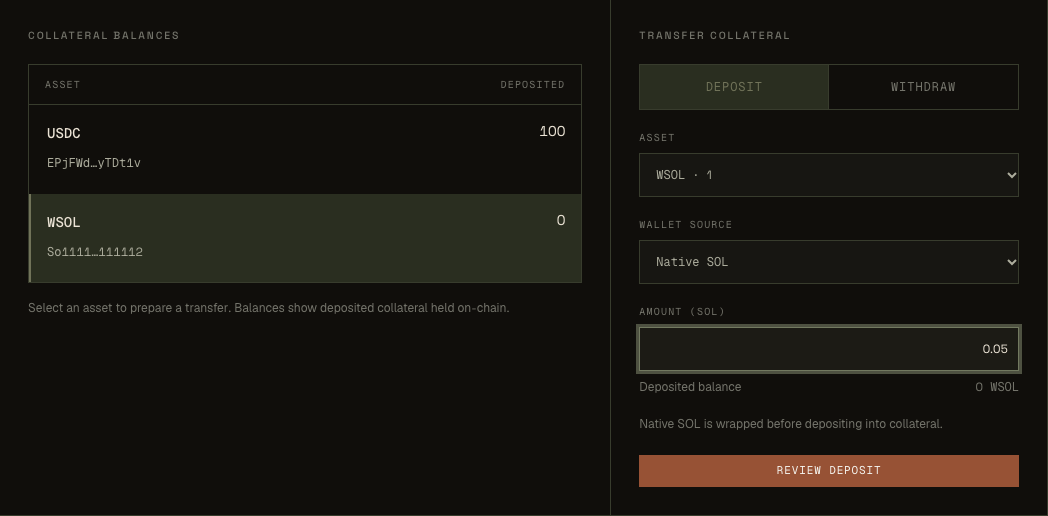 Collateral deposit controls in the dashboard